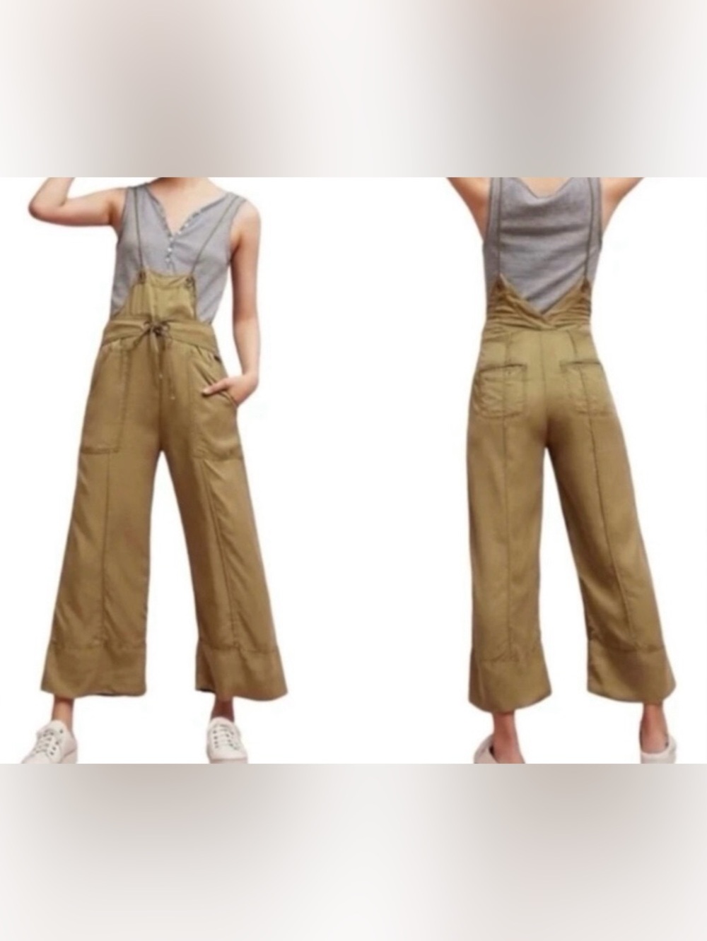 Anthropologie Asha Bib Utility Overalls Jumpsuit Army Green Sz M Linen Blend - Picture 8 of 8
